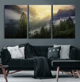 38316884-MGV-CV-60X30-3P-Landscape Wall Art – Misty Mountain Valley Canvas Print, Scenic Pine Forest and Sunrise Photography Decor for Bedroom, Living