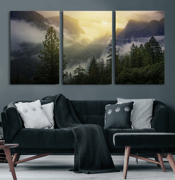 38316884-MGV-CV-60X30-3P-Landscape Wall Art – Misty Mountain Valley Canvas Print, Scenic Pine Forest and Sunrise Photography Decor for Bedroom, Living