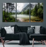 93123937-MGV-CV-60X30-3P-Landscape Wall Art – Misty Mountain Lake Canvas Print, Tranquil Forest and Waterfall Photography Decor for Bedroom, Living Room,