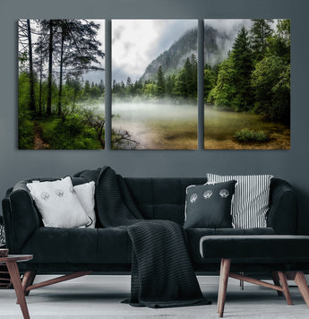 93123937-MGV-CV-60X30-3P-Landscape Wall Art – Misty Mountain Lake Canvas Print, Tranquil Forest and Waterfall Photography Decor for Bedroom, Living Room,