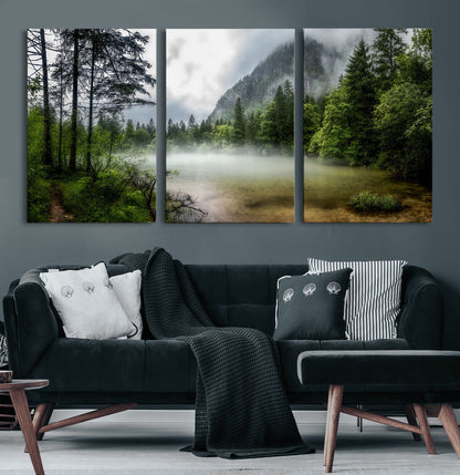 93123937-MGV-CV-60X30-3P-Landscape Wall Art – Misty Mountain Lake Canvas Print, Tranquil Forest and Waterfall Photography Decor for Bedroom, Living Room,
