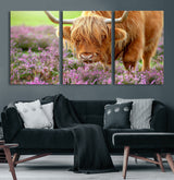 64069351-MGV-CV-60X30-3P-Farmhouse Wall Art – Highland Cow in Wildflowers Canvas Print, Rustic Country Cattle Photography Decor for Bedroom, Living Room,