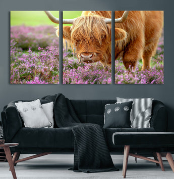64069351-MGV-CV-60X30-3P-Farmhouse Wall Art – Highland Cow in Wildflowers Canvas Print, Rustic Country Cattle Photography Decor for Bedroom, Living Room,