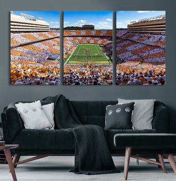 64238859-MGV-CV-60X30-3P-Neyland Stadium Wall Art – Panoramic Tennessee Volunteers Power T Checkerboard Crowd Canvas Print, Day Game Football Band Sports