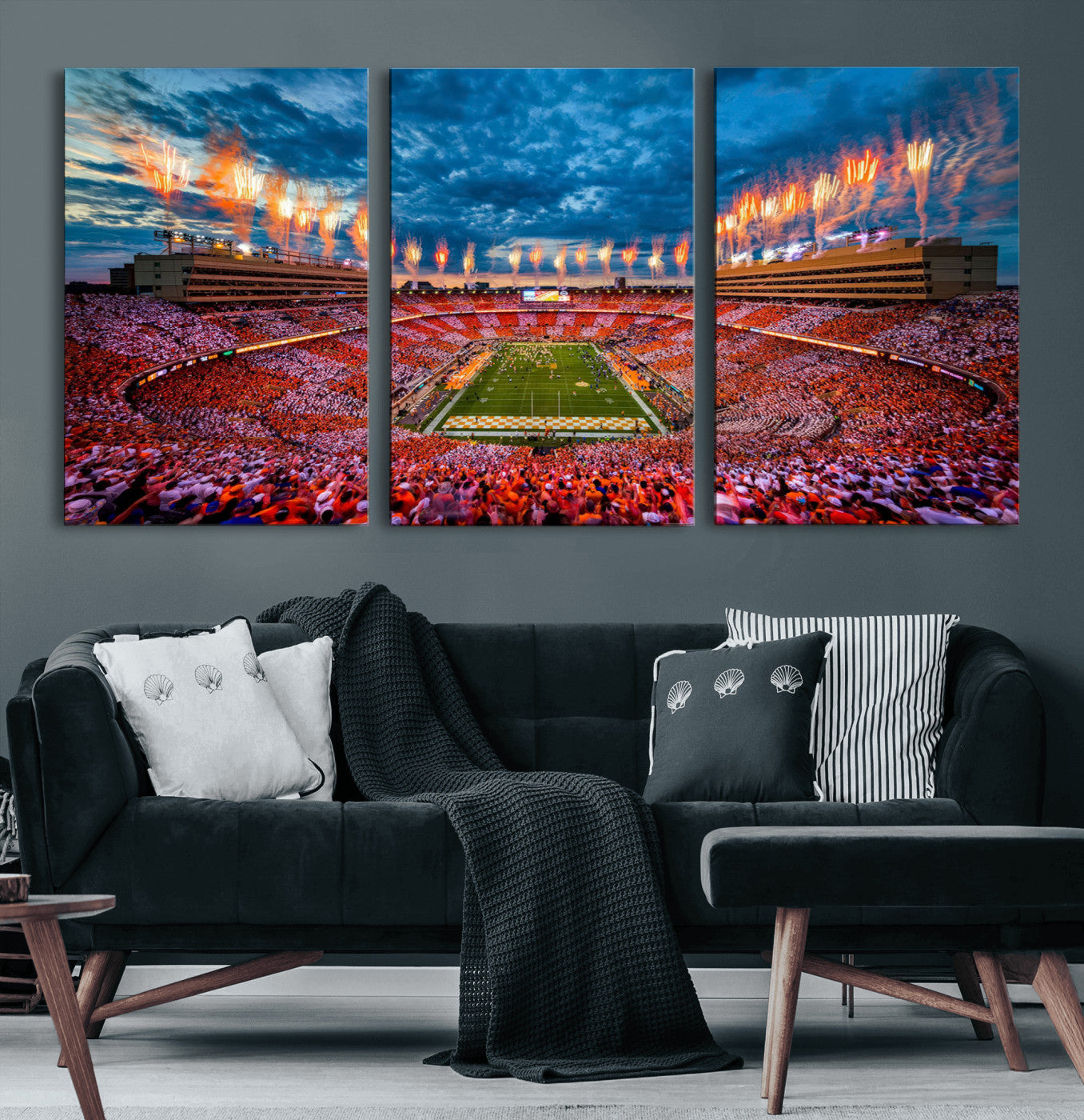 94266219-MGV-CV-60X30-3P-Neyland Stadium Wall Art – Panoramic Tennessee Volunteers Checkerboard Crowd Fireworks Canvas Print, Football Game Day Sports