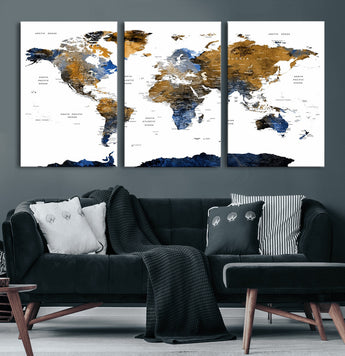 MGV-CV-60X30-3P - World Map Wall Art Canvas Print, Framed Blue Gold Map Art Picture Print, Rustic Atlas Perfect Rustic Modern Decor Artwork