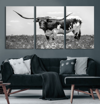 83785-MGV-CV-60X30-3P-Texas Longhorn Wall Art Canvas Print, Framed Horned Bull Art Picture Print, Monochrome Cattle Perfect Rustic Western Decor Artwork