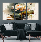 46359-MGV-CV-60X30-3P-Lotus Blossom Wall Art Canvas Print, Framed Water Lily Art Picture Print, Zen Flower Perfect Zen Botanical Decor Artwork