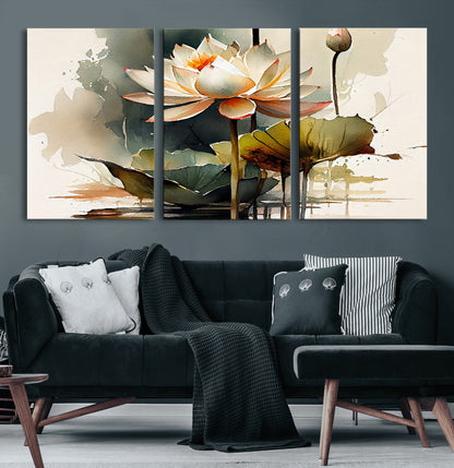 46359-MGV-CV-60X30-3P-Lotus Blossom Wall Art Canvas Print, Framed Water Lily Art Picture Print, Zen Flower Perfect Zen Botanical Decor Artwork