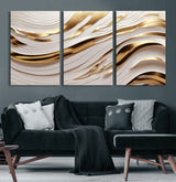41237-MGV-CV-60X30-3P-Gold Waves Wall Art Canvas Print, Framed Elegant Flow Art Picture Print, Luxury Layers Perfect Minimal Luxe Decor Artwork