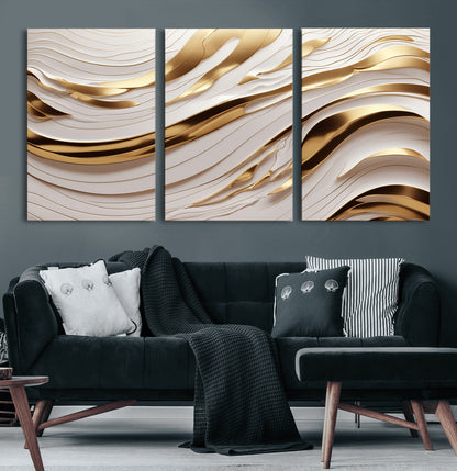 41237-MGV-CV-60X30-3P-Gold Waves Wall Art Canvas Print, Framed Elegant Flow Art Picture Print, Luxury Layers Perfect Minimal Luxe Decor Artwork