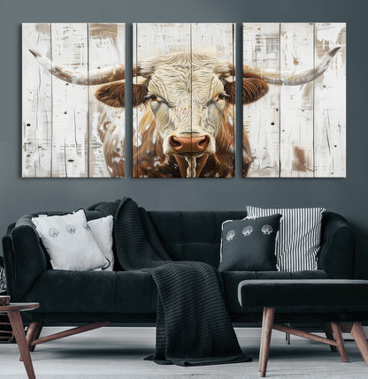 10840-MGV-CV-60X30-3P-Texas Longhorn Wall Art Canvas Print, Framed Rustic Bull Art Picture Print, Western Cattle Perfect Rustic Western Decor Artwork