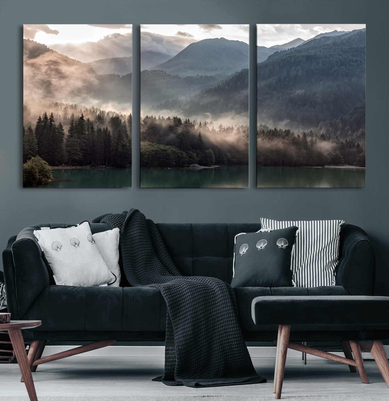 64758-MGV-CV-60X30-3P-Misty Mountains Wall Art Canvas Print, Framed Moody Pines Art Picture Print, Forest Lake Perfect Moody Alpine Decor Artwork