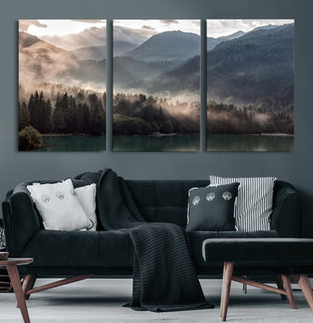 64758-MGV-CV-60X30-3P-Misty Mountains Wall Art Canvas Print, Framed Moody Pines Art Picture Print, Forest Lake Perfect Moody Alpine Decor Artwork