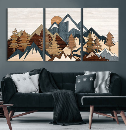 80300-MGV-CV-36X24-Geometric Mountains Wall Art Canvas Print, Framed Stylized Trees Art Picture Print, Graphic Forest Perfect Rustic Abstract Decor