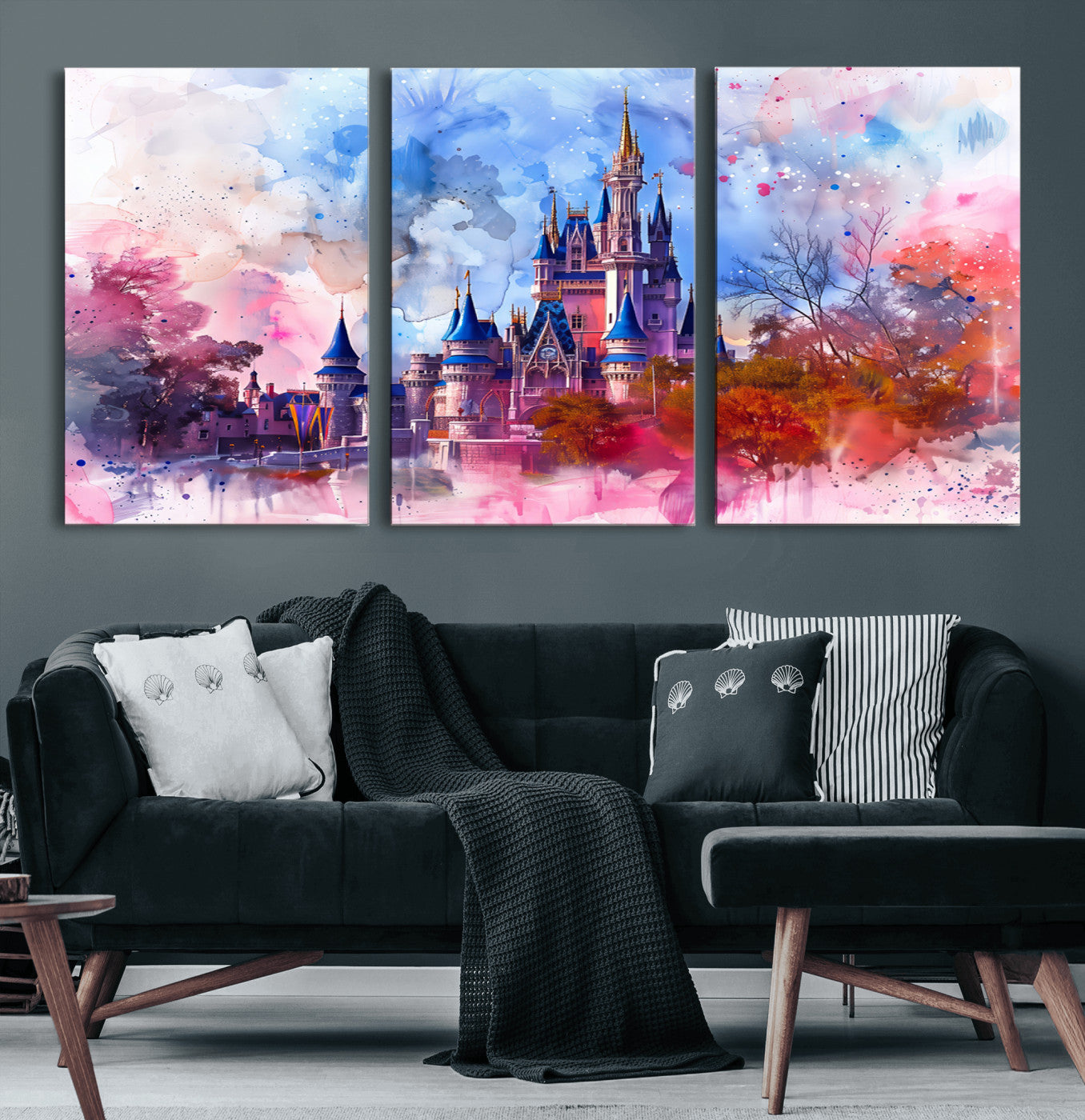 15129-MGV-CV-60X30-3P-Disney Castle Wall Art Canvas Print, Framed Cinderella Palace Art Picture Print, Fantasy Kingdom Perfect Whimsical Fairytale Decor