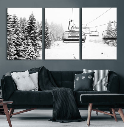 49274-MGV-CV-36X24-Snowy Forest Wall Art Canvas Print, Framed Ski Lift Art Picture Print, Mountain Snow Perfect Minimal Winter Lodge Decor Artwork