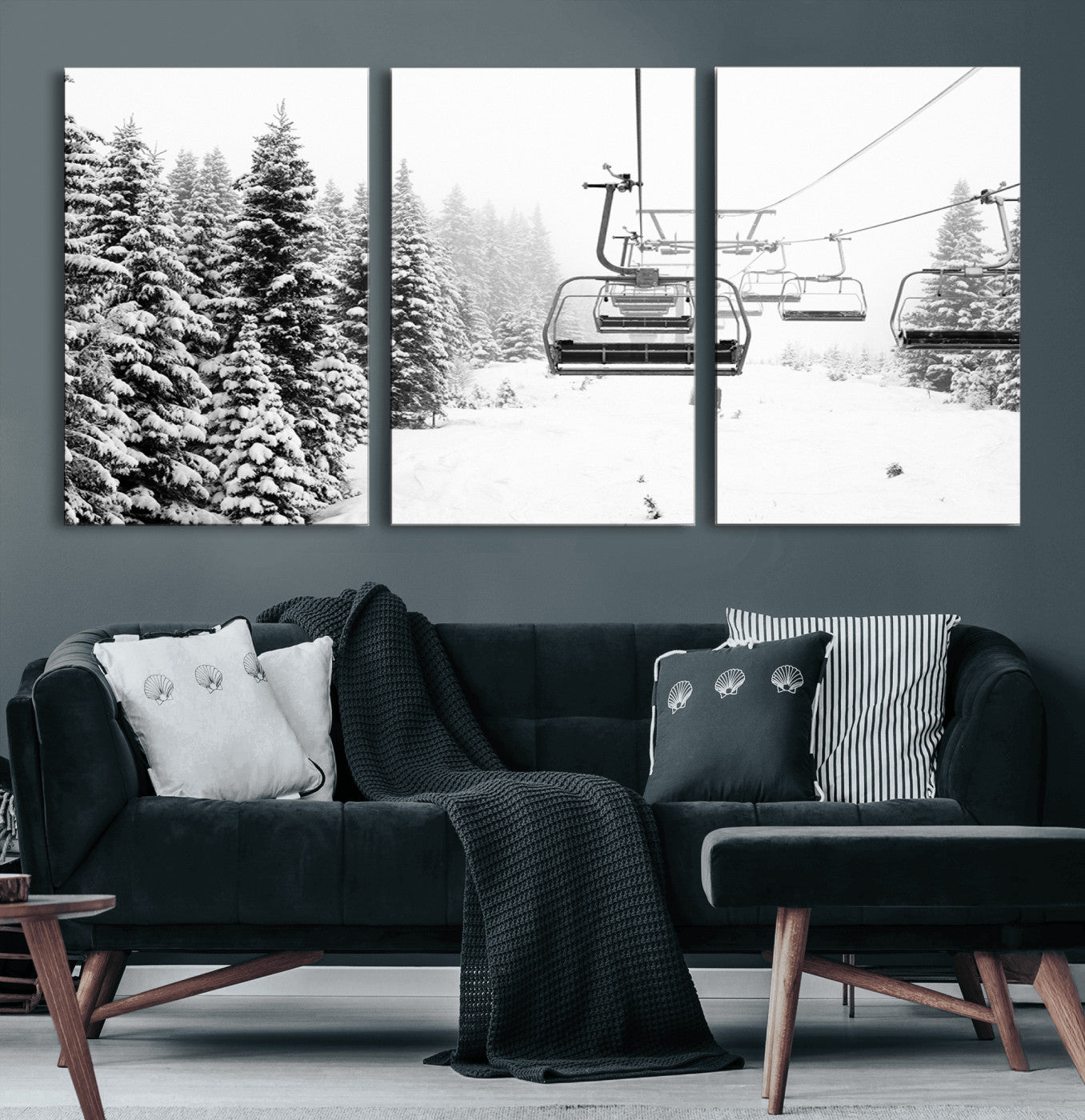 49274-MGV-CV-60X30-3P-Snowy Forest Wall Art Canvas Print, Framed Ski Lift Art Picture Print, Mountain Snow Perfect Minimal Winter Lodge Decor Artwork