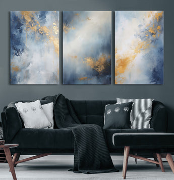 41836-MGV-CV-60X30-3P-Abstract Gold Wall Art Canvas Print, Framed Blue Layers Art Picture Print, Elegant Cloud Perfect Elegant Minimalist Decor Artwork