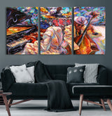 13675-MGV-CV-36X24-Jazz Band Wall Art Canvas Print, Framed Jazz Oil Painting Art Picture Print, Vibrant Music Perfect Abstract Musical Decor Artwork