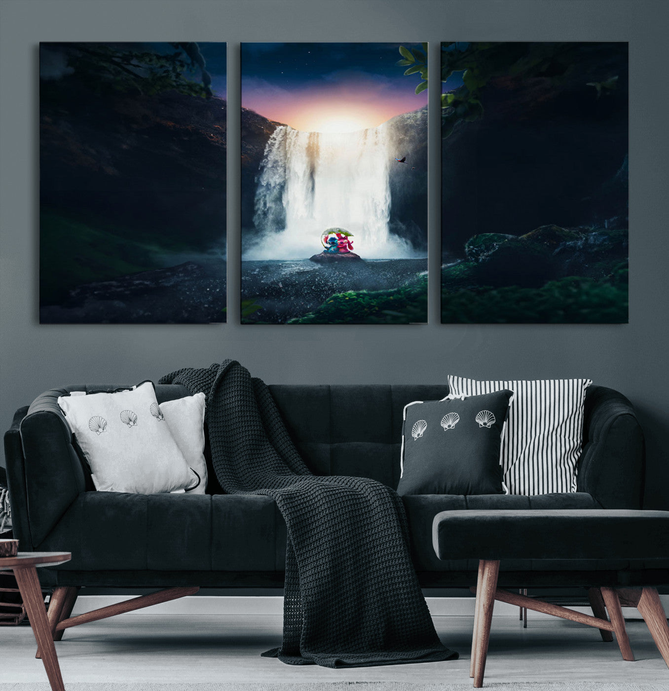 56359-MGV-CV-60X30-3P-Lilo Stitch Wall Art Canvas Print, Framed Stitch Angel Art Picture Print, Cartoon Waterfall Perfect Tropical Fantasy Decor Artwork