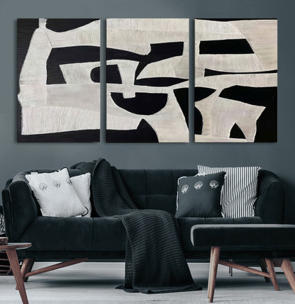 33714-MGV-CV-36X24-Monochrome Design Wall Art Canvas Print, Framed Modern Linework Art Picture Print, Textured Shapes Perfect Monochrome Modern Decor