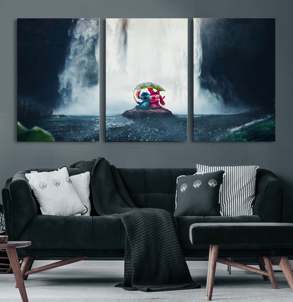 32259-MGV-CV-60X30-3P-Stitch Angel Wall Art Canvas Print, Framed Stitch Waterfall Art Picture Print, Cartoon Couple Perfect Moody Fantasy Decor Artwork