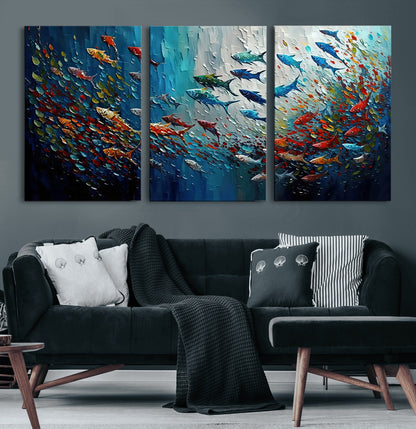 89626-MGV-CV-36X24-Fish Swarm Wall Art Canvas Print, Framed Abstract Ocean Art Picture Print, Underwater Life Perfect Vibrant Coastal Decor Artwork