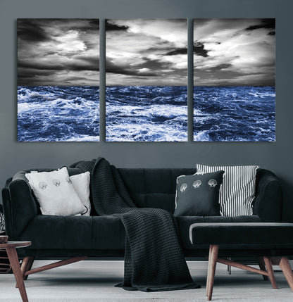 91043-MGV-CV-60X30-3P-Stormy Ocean Wall Art Canvas Print, Framed Moody Seascape Art Picture Print, Monochrome Sea Perfect Coastal Drama Decor Artwork