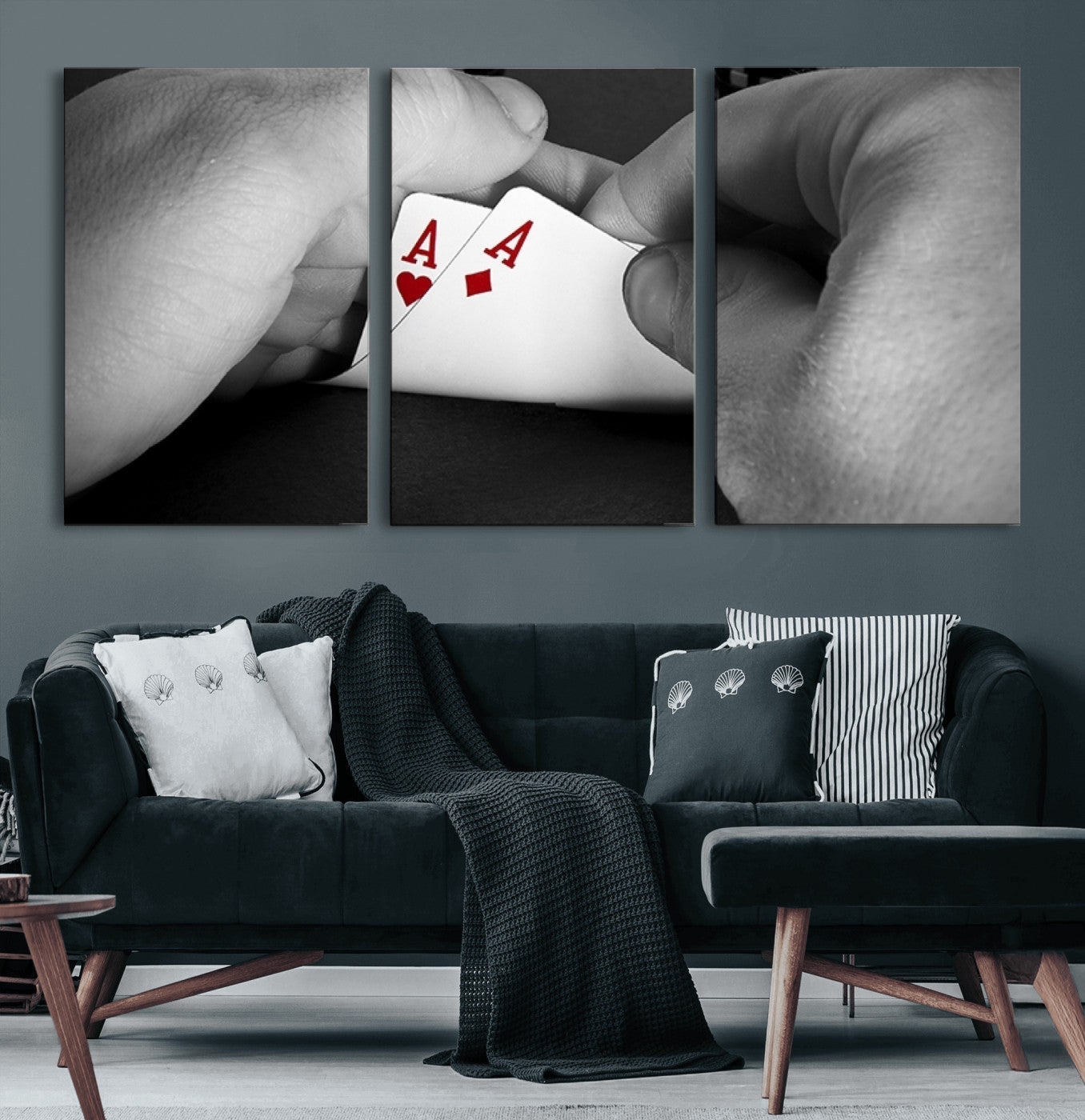 62460-MGV-CV-60X30-3P-Poker Game Wall Art – Close Up of Hands Holding Aces with Chips, Casino Style Decor for Game Room, Man Cave or Office
