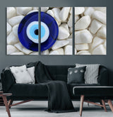 48883-MGV-CV-60X30-3P-Evil Eye Wall Art – Deep Blue Symbol of Presence and Calm on White Stones, Subtle Spiritual Decor for Entryway, Studio, Office or