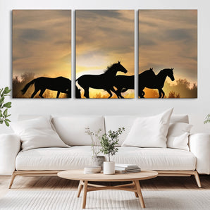 16620-MGV-CV-36X24-Sunset Stallions Wall Art – Silhouetted Horses Running Canvas Print, Nature’s Rhythm, Perfect for Living Room, Office, or Man Cave