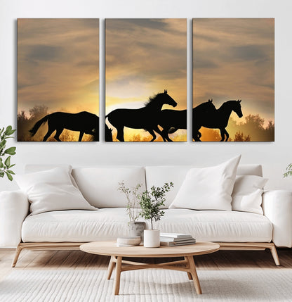 16620-MGV-CV-36X24-Sunset Stallions Wall Art – Silhouetted Horses Running Canvas Print, Nature’s Rhythm, Perfect for Living Room, Office, or Man Cave