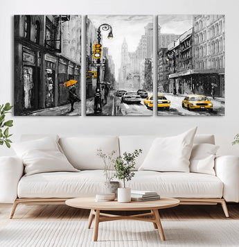 32362-MGV-CV-36X24-NYC Street Wall Art – Black and White Cityscape with Yellow Taxis and Umbrella Canvas Print, Urban Home Decor for Living Room or