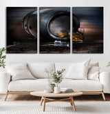 78049-MGV-CV-36X24-Whiskey Barrel Wall Art – Rustic Whiskey Barrel and Glass with Ice Canvas Print, Classic Bar or Lounge Decor for Home, Office, or