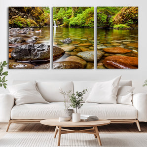 98096-MGV-CV-36X24-Serene River Waterfall Nature Photo – Calm Clear Water, Vibrant Green Forest and Smooth Stones Landscape Wall Art for Home or