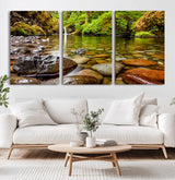 98096-MGV-CV-36X24-Serene River Waterfall Nature Photo – Calm Clear Water, Vibrant Green Forest and Smooth Stones Landscape Wall Art for Home or