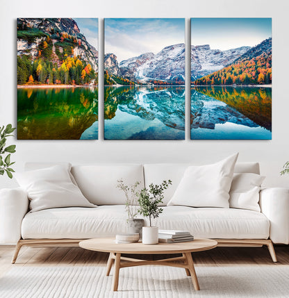 10402-MGV-CV-36X24-Snowy Mountain Lake Wall Art – Autumn Landscape Canvas Print with Reflection, Nature Decor for Living Room, Office, Bedroom or