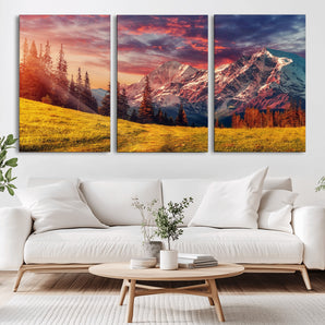 83947-MGV-CV-36X24-Sunset Mountain Landscape Wall Art – Panoramic Alpine Meadow and Snow Capped Peaks Canvas Print, Nature Scenic Decor for Home,
