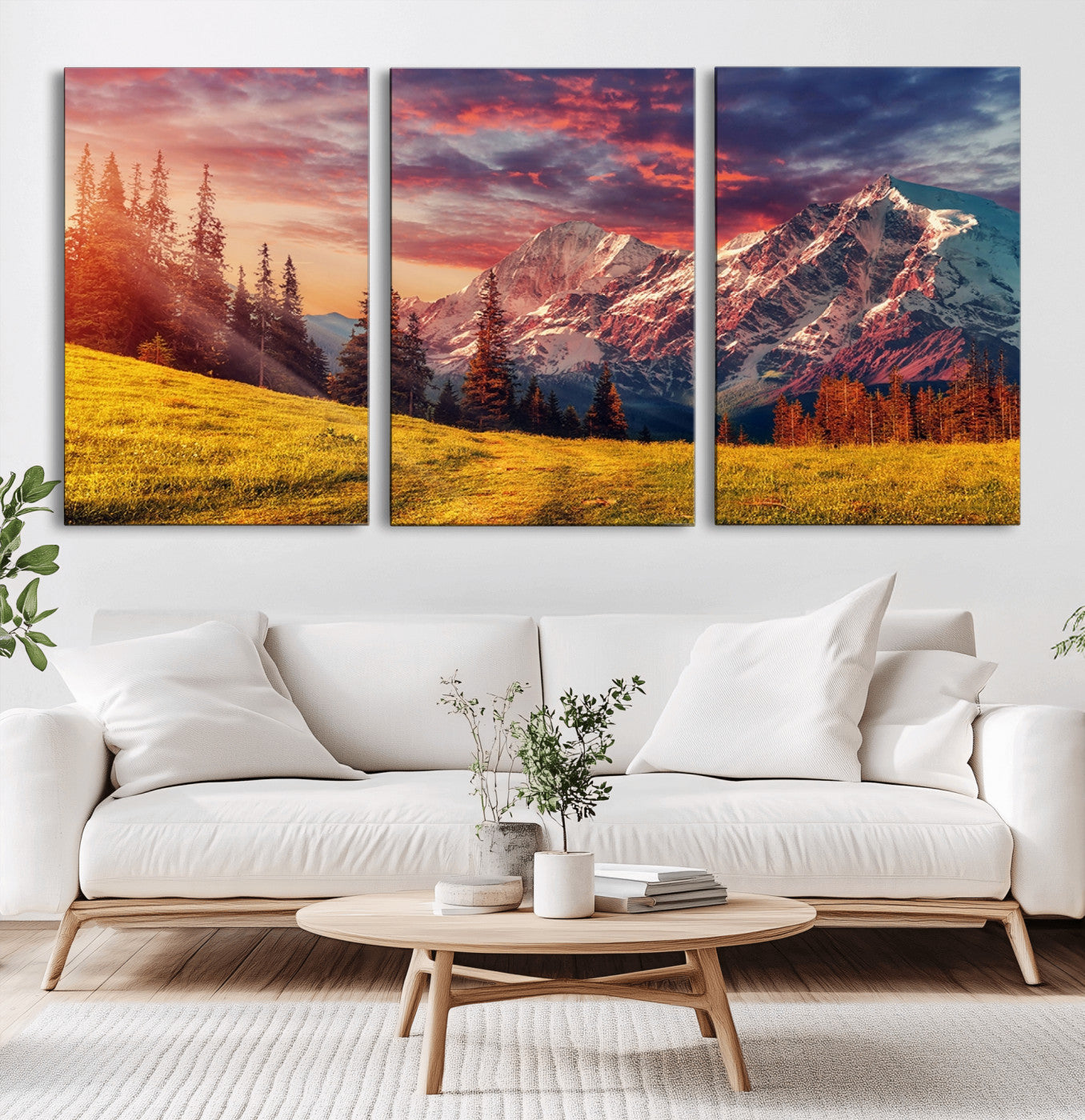 83947-MGV-CV-36X24-Sunset Mountain Landscape Wall Art – Panoramic Alpine Meadow and Snow Capped Peaks Canvas Print, Nature Scenic Decor for Home,
