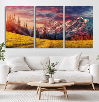 83947-MGV-CV-36X24-Sunset Mountain Landscape Wall Art – Panoramic Alpine Meadow and Snow Capped Peaks Canvas Print, Nature Scenic Decor for Home,