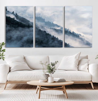 85737-MGV-CV-36X24-Misty Mountain Wall Art – Atmospheric Pine Forest Canvas Print with Fog and Mist, Calm Nature Decor for Living Room, Bedroom,
