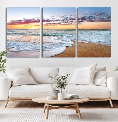39560-MGV-CV-36X24-Sunrise Beach Wall Art – Vibrant Ocean Waves and Golden Sand Canvas Print, Seaside Coastal Decor for Living Room, Bedroom or
