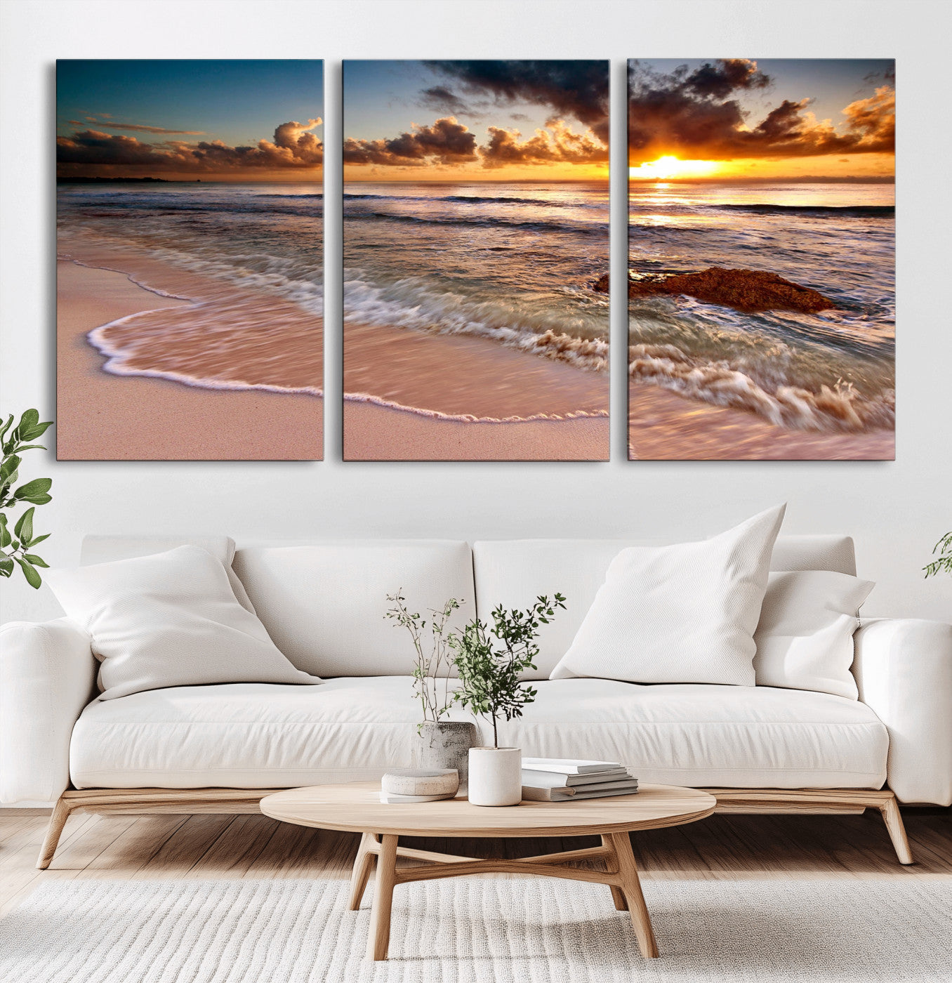 38302-MGV-CV-36X24-Sunset Beach Wall Art – Stunning Ocean Waves and Rock Canvas Print, Warm Coastal Decor for Living Room, Bedroom, Office or Beach