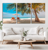 69754-MGV-CV-36X24-Tropical Beach Wall Art – Relaxing Palm Tree and Lounge Chairs Canvas Print, Serene Coastal Decor for Living Room, Bedroom, Office