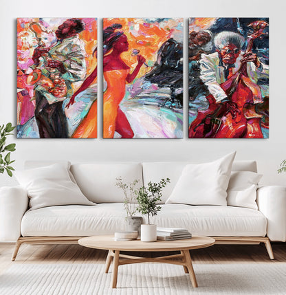 24452-MGV-CV-36X24-Vibrant Jazz Musician Painting - Expressive Art Print of Live Jazz Band, Perfect Wall Decor for Music Lovers and Art Enthusiasts
