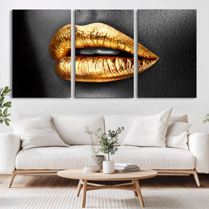 84747-MGV-CV-36X24-Golden Lips Black & White Portrait – Glamorous Metallic Lip Art Print, Modern Wall Decor for Bedroom, Beauty & Fashion Lover Gift