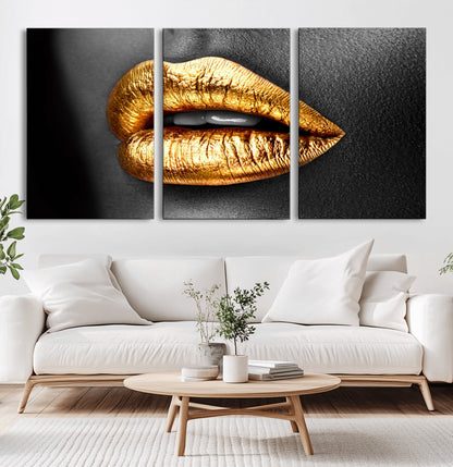 84747-MGV-CV-36X24-Golden Lips Black & White Portrait – Glamorous Metallic Lip Art Print, Modern Wall Decor for Bedroom, Beauty & Fashion Lover Gift