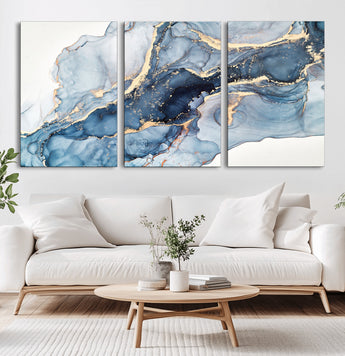 33782-MGV-CV-36X24-Abstract Marble Wall Art – Blue & Gold Fluid Painting Canvas Print, Modern Home Decor for Living Room, Bedroom or Office