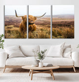 79391-MGV-CV-36X24-Majestic Highland Cow in Misty Scottish Moorland – Rustic Natural Charm, Perfect for Unique Home or Office Decor